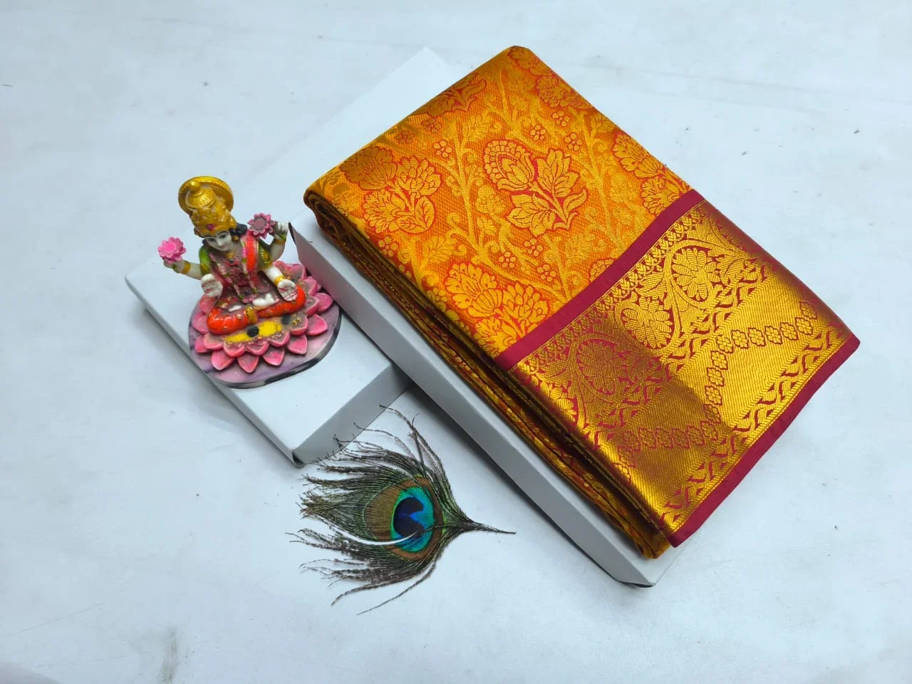 Orange Gold with Maroon Pink Floral Rich Zari Border Kanchipuram Silk Saree